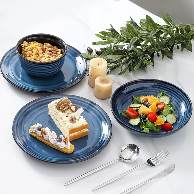 Hasense Ceramic Dinnerware Set, 12 Pieces Handmade Reactive Glaze Plate and Bowls Set of 4 (Plates, Pasta Dish, Cereal Bowls), Chip and Scratch Resistant Dinner Dishes Service, Navy Blue