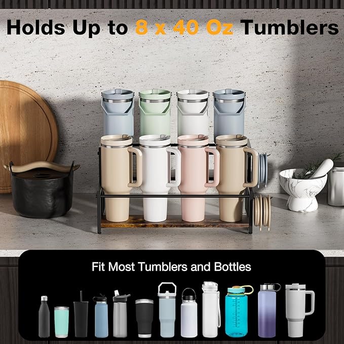 2-Tier Stanley Cup Holder for 8 Tumblers, Lid Organizer, Natural Wood