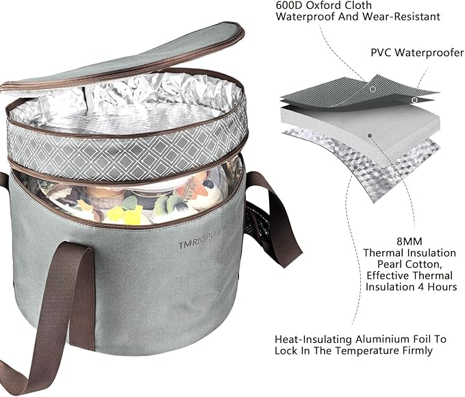 Tmrioplep 2 Pack Pie Carrier with Lids and Handles, Loadable Cupcake or Pizza Storage Containers, Includes Insulated Bags and Insulated Non-Slip Pads, Perfect for Transportation (Grey)