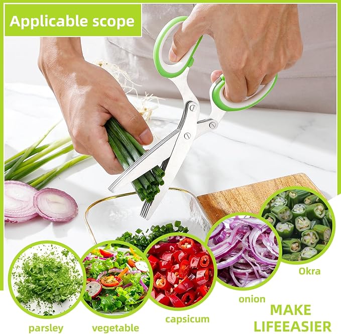 ccraowo 2025 Herb Scissors Set - Classic green 5-Blade Design with Cover and Comb - Skin-Friendly Handle for Comfortable Grip - Dishwasher Safe, Rust-Resistant Stainless Steel for Fresh Herbs
