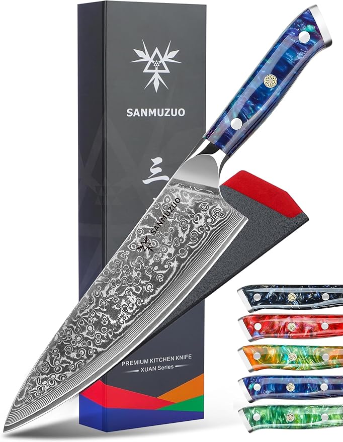 SANMUZUO Chef Knife - 8 inch - Xuan Series - VG10 Damascus Steel Kitchen Knife - Resin Handle (Sapphire Blue)