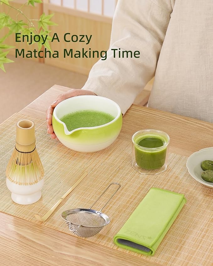ZENS Premium Matcha Whisk Set, 6pcs Matcha Kit for Tea Ceremony, Green