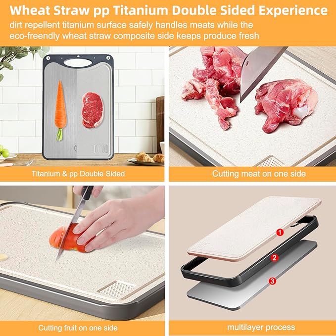 Pracfit Titanium Cutting Board for Kitchen 15.1"x10.4" - Double Sided Pure Titanium& Wheat Straw for Meat & Kitchen, FoodGrade, 2in1, Anti Slip, Juice Groove, Stain Resistant, Easy to Clean