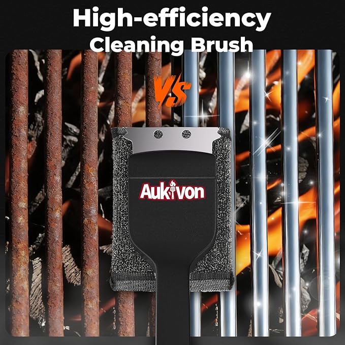Aukivon 2PCS Upgraded Grill Brush for Outdoor Grill with Water Dunk Basin, Bristle Free, Steel Fiber Grill Brush for Cast Iron/Porcelain/Charcoal/Stainless Steel Grates, Gift for Men/Dad