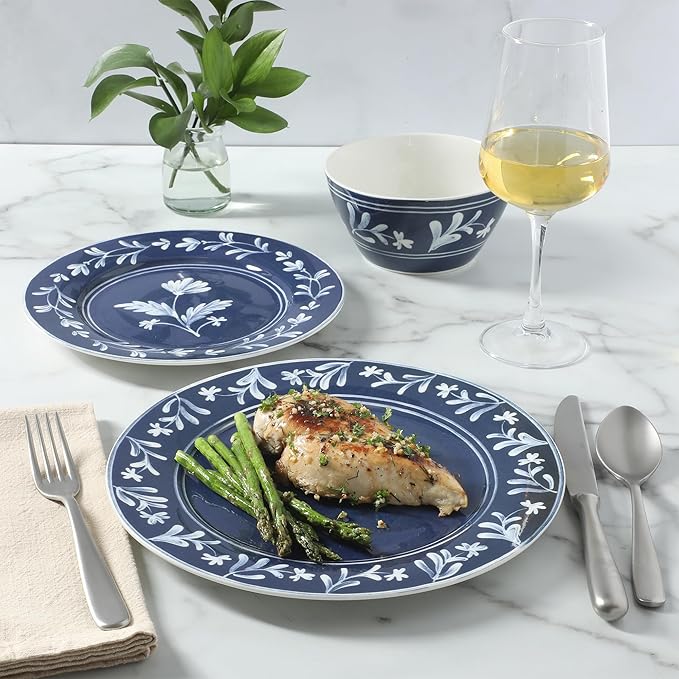 Martha Stewart Dinnerware Set- Maiden Crown 12-Piece Sky Blue Dishes – New Bone China Ceramic Plates & Bowls – Floral Design – Service for 4 – Microwave & Dishwasher Safe