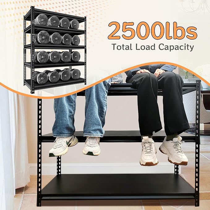 SUPPNEED Metal Storage Garage Shelving: 48'' Wide 2,500Lbs Freestanding Utility Shelves, Adjustable Heavy Duty Rack Units 5 Tier Black 48" W x 18" D x 78" H