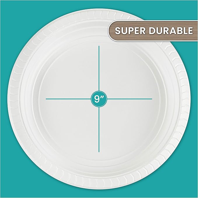 PLASTICPRO 9 inch Round Plastic Plates Microwaveable, Disposable 100 Count