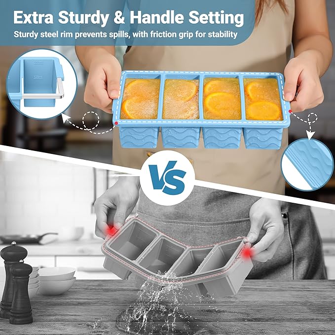 Silicone Freezer Trays with Lid for Soup, 1-Cup & 2-Cup Large Ice Cube Molds Food Storage Containers for Meal Prep, Freeze 500mL/250mL/125mL Portions – 2 Pack