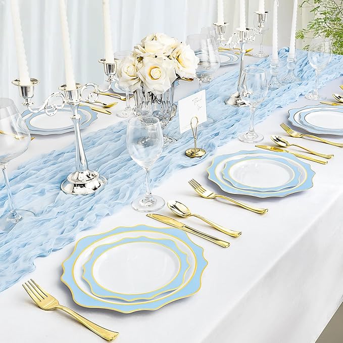 realluck 100Pcs White & Blue Plastic Plates for 50 Guests