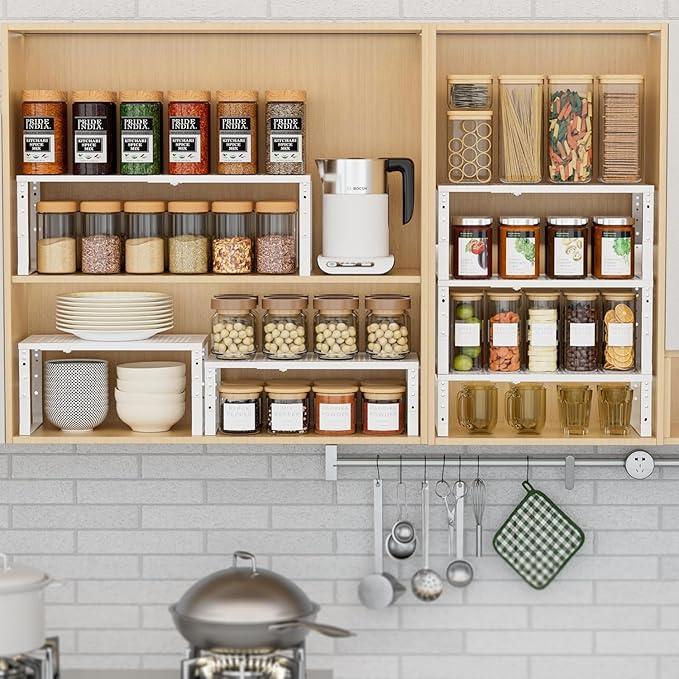 Wobmmi Expandable Spice Rack Kitchen Cabinet Shelf Organizer, Stackable Storage Shelves Racks, Adjustable Counter Shelving for Cabinets, Countertop, Cupboard,Pantry and More(1Pack/White/Medium)