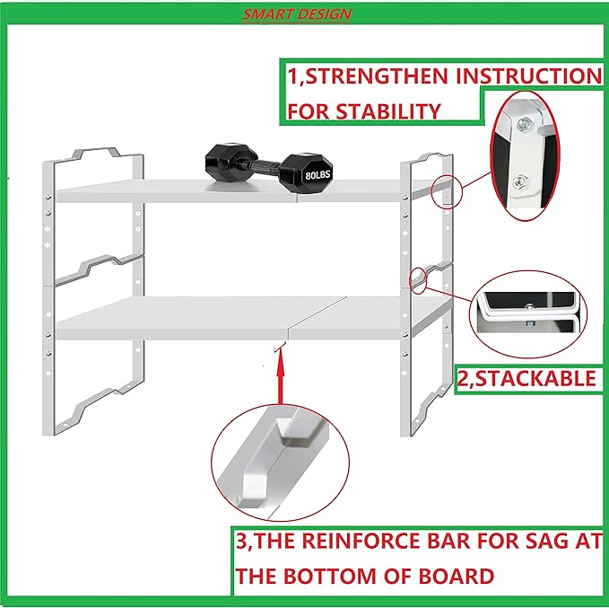 Jojocross Expandable Shelf for Cabinet Organizer Adjustable Stackable Spice Rack at Kitchen and Bathroom More, Counter Countertop Cupboard Organization Pantry Storage(MEDIUM/2PACKS/WHITE)