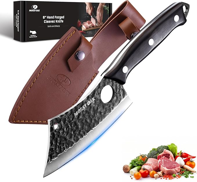 Mossy Oak Meat Cleaver Knife, Butcher Knife with Genuine Leather Sheath, Hand Forged Kitchen Knife Full Tang Handle for Meat and Vegetable Cutting, Outdoor Cooking, Camping and BBQ