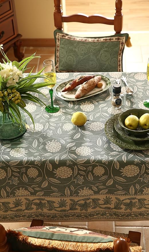 ISAENNE Designer Linen Green Rectangular Tablecloth,102"x63"-Andrew A
