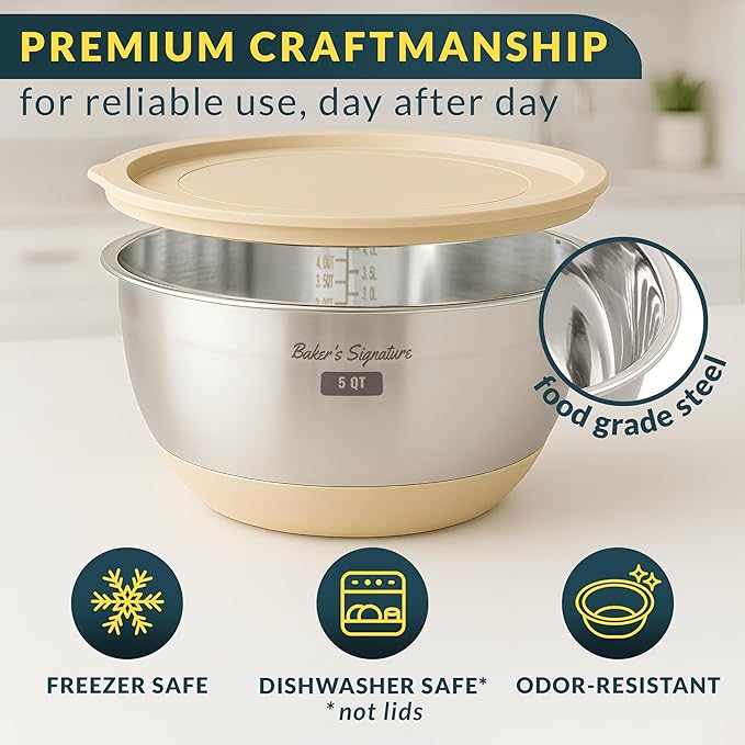 Baker's Signature Stainless Steel Mixing Bowls with Lids Set, 5 Sizes