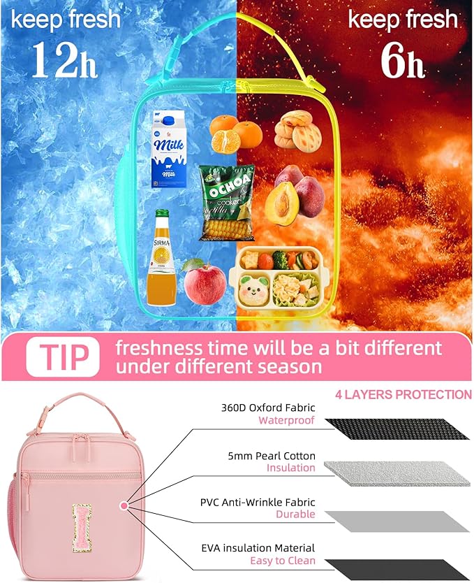 CLOUDWINGS Lunch Box Kids Large Initial Insulated Lunch Bag for Girls