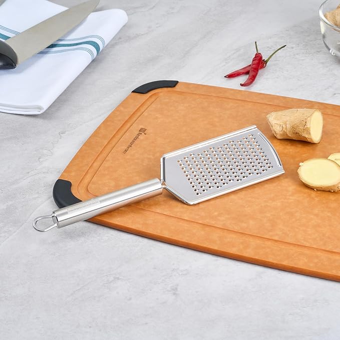 Restaurantware Stainless Steel Fine Cheese Grater - German Standard Lemon Zester with Ergonomic Handle, Sharp Blades, Dishwasher Safe - Handheld Kitchen Grater for Parmesan, Garlic, Ginger