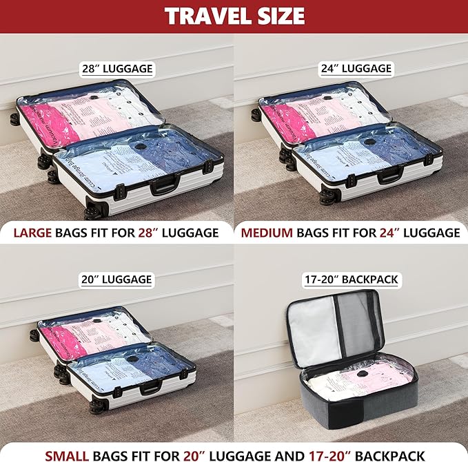 Vacuum Seal Bags for Clothing Travel and Home Storage, Travel Vacuum Bags with Electric Pump, Space Saver Compression Packing Cubes for Luggage Suitcase Bedding Blankets Clothes, 8 Small