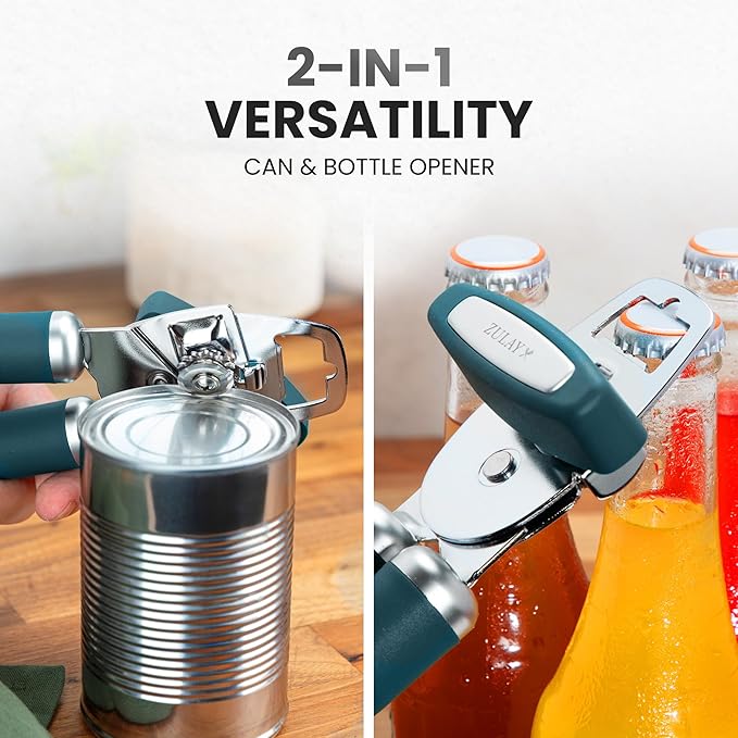 Zulay Kitchen Heavy Duty Stainless Steel Can Opener Manual with Bottle Opener - Rust Proof Manual Can Opener With Turn Knob & Comfy Soft Grip Handles - Green