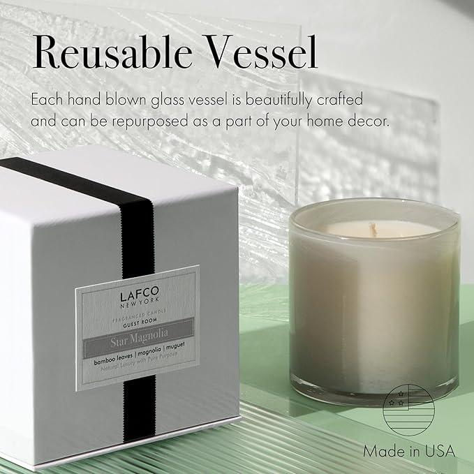 LAFCO New York Signature Candle, Star Magnolia - 15.5 oz - 90-Hour Burn Time - Reusable, Hand Blown Glass Vessel - Made in the USA