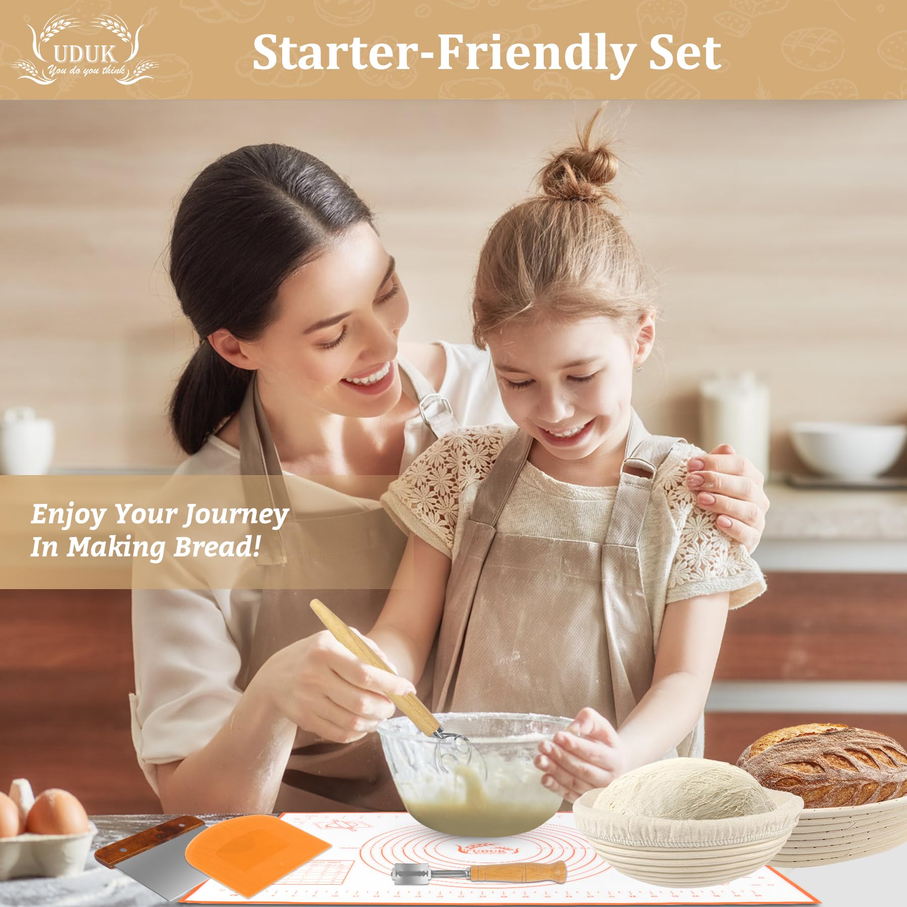 UDUK Sourdough Baking Kit, 10" & 9.6" Round Banneton Basket Set