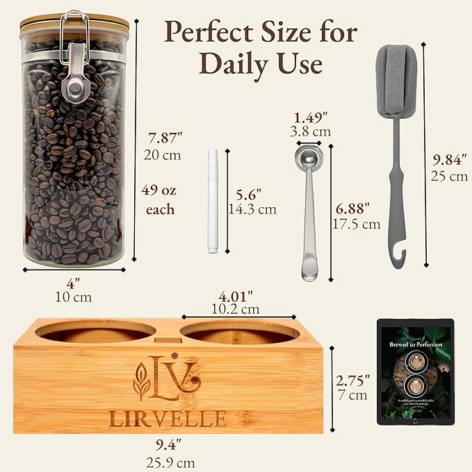 Lirvelle Airtight Coffee Canister with Scoop | Curated Glass Storage Set for Beans, Grounds & Sugar | 9-Piece Ritual Organizer with Bamboo Base, Versatile Artisan Spoon, Labels & Cleaning Brush