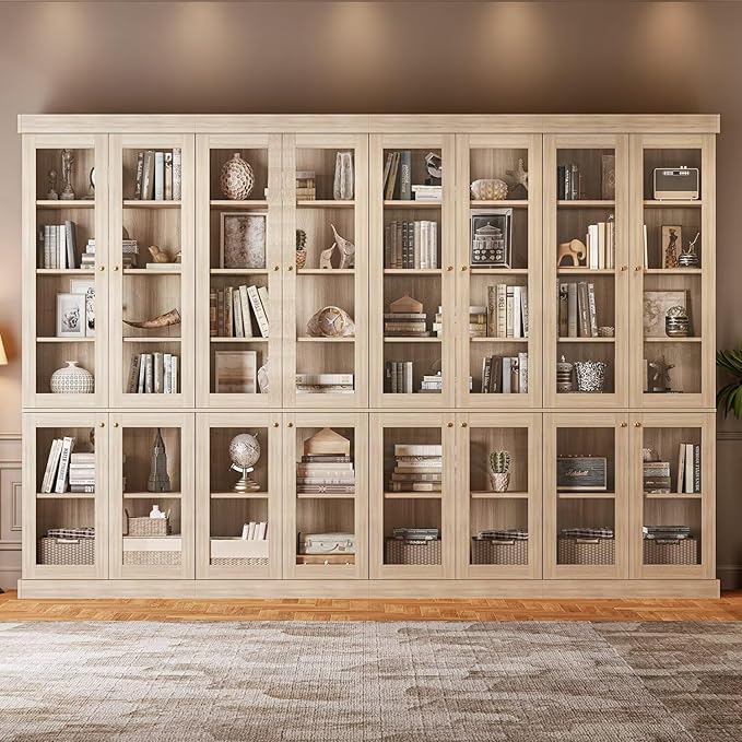 ivaniti 70.8" Tall Brown Bookshelf with Glass Doors, Farmhouse Modular Bookcase with 6-Tier Adjustable Shelves, Large Storage Cabinet for Home Office, Living Room, Set of 3
