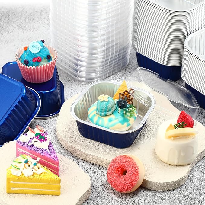 Aoriher 150 Pcs 10 oz Mini Cake Pans with Lids Aluminum Foil Baking Cup Disposable Square 4 x 4 Large Baking Tin, Muffin Pan Cheesecake Kitchen Brownie Pudding Desserts Holder(Sapphire Blue)