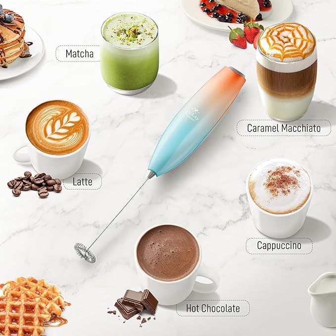 Zulay Powerful Milk Frother for Coffee with Upgraded Titanium Motor - Handheld Electric Whisk, Milk Foamer, Mini Mixer & Coffee Blender for Frappe, Latte, Matcha, No Stand - Royal Sunrise