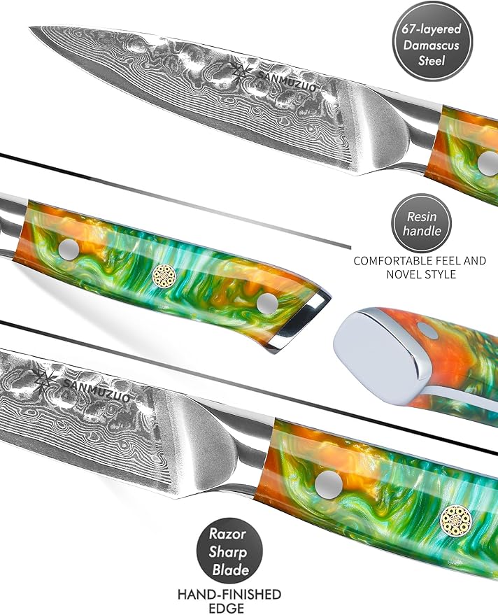 SANMUZUO 3.5 Inch Paring Knife - Fruit and Vegetable Peeling Knives, Forged Damascus Steel & Resin Handle - YAO Series