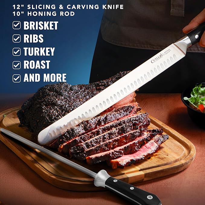Cutluxe BBQ Carving Set, 12" Brisket Knife & 10" Honing Rod for Meat