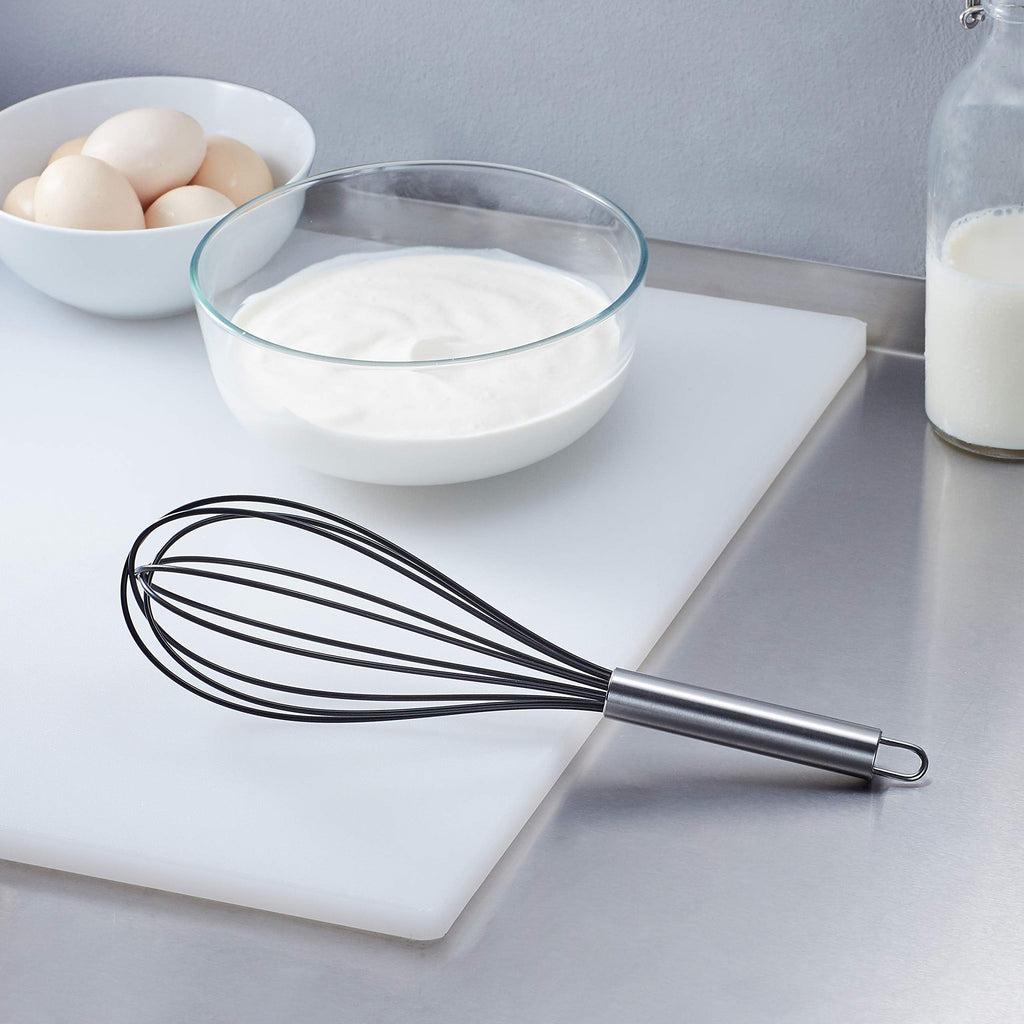Amazon Basics Stainless Steel and Silicone Non-Stick Coated Whisk Set for Beating and Whisking, Dishwasher Safe, 8", 10", and 12", Pack of 3, Black
