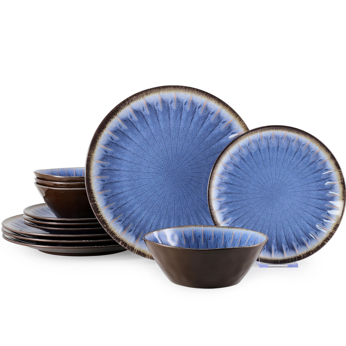 Gufaith Melamine Dinnerware Set, 12 Pcs Dishware Sets, Plate and Bowl Set Service for 4, Lightweight and Unbreakable Dinnerware Sets for Camping, Great for RV, Dishwasher Safe, Sahara Beige and Blue