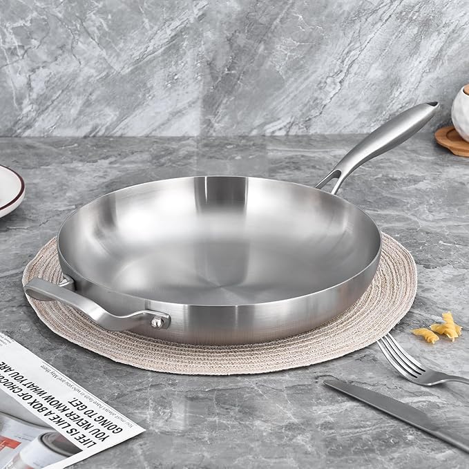 LOLYKITCH 14'' Tri-Ply Stainless Steel Pan | Large Frying Pan with Lid