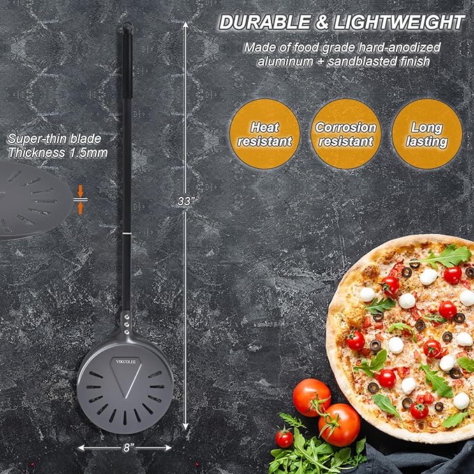 VIKCOLEE Turning Pizza Peel, 8 Inch with 25 Inch Handle Round Pizza Turning Peel, Professional Anodized Aluminum Turning Pizza Spatula, 33 Inch overall