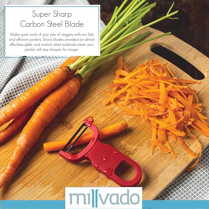 Millvado Vegetable Peeler, Swiss Made Sharp Peelers for Kitchen, Set of 3, Y Peeler for Potatoes, Vegetables, Fruits, Carbon Blade, 4.25 Inches, Green, Red, Yellow, M-5101-G-R-Y