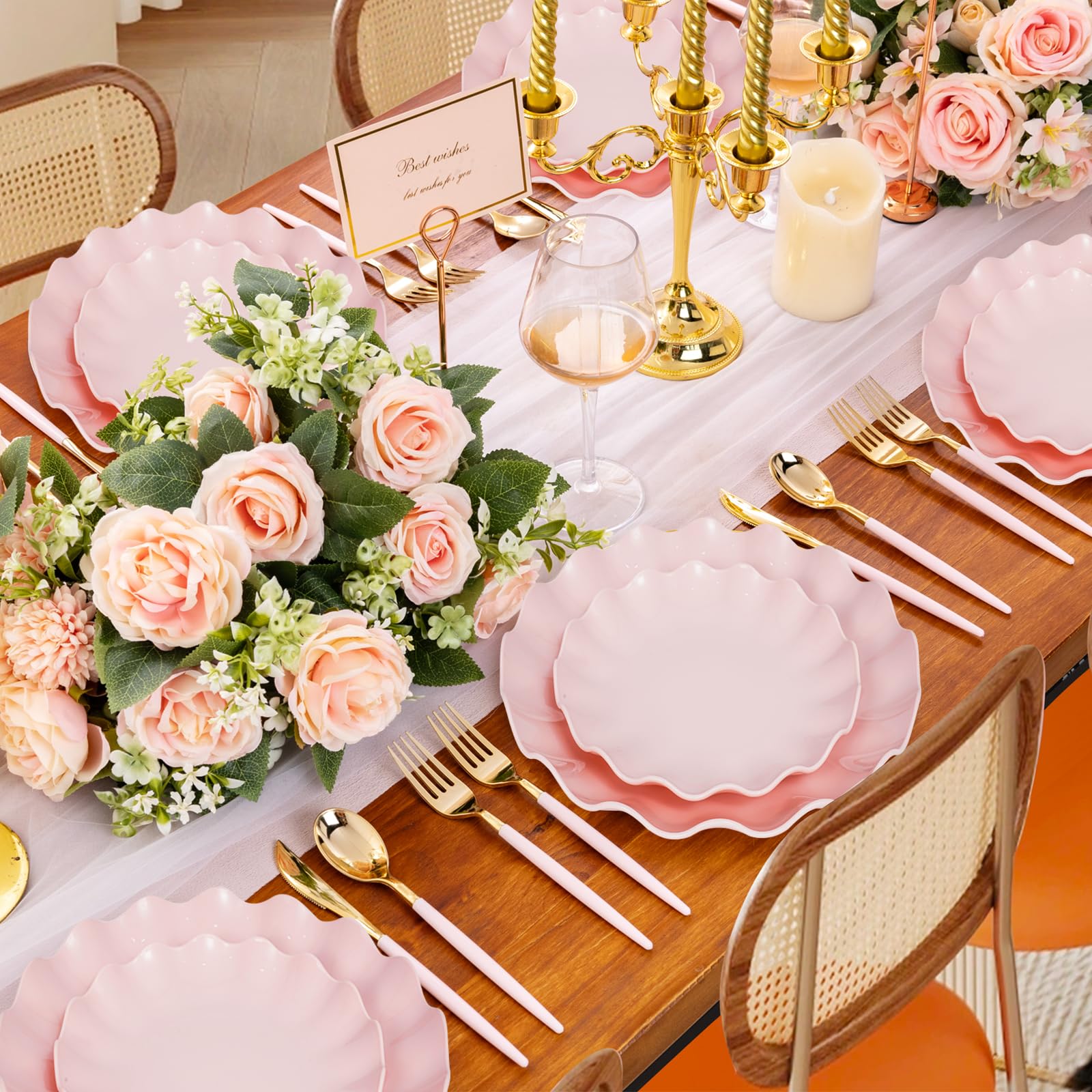 LIYH 50 Pcs Pink Plastic Plates Reusable - Durable and Dishwasher Safe Baby Shower Plates Wavy Daisy Plastic Flower Plate for Party Wedding Birthday Picnics BPA Free (25Guests)