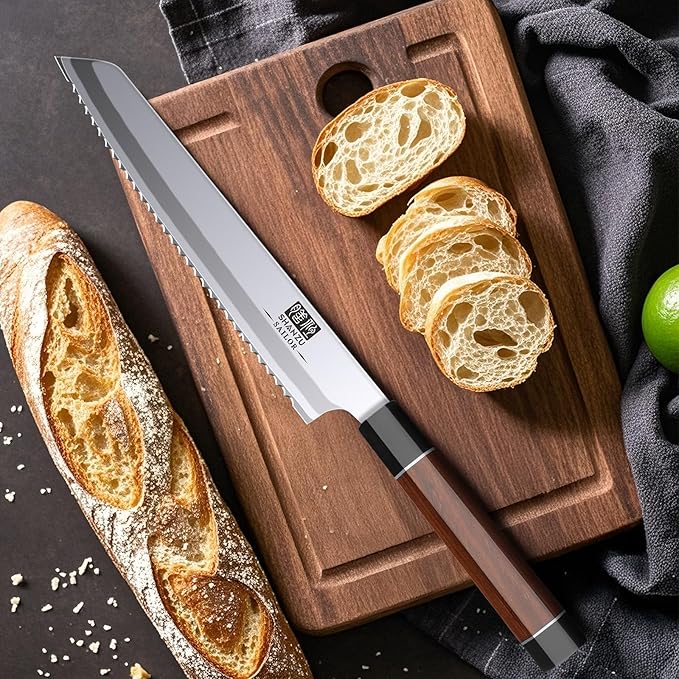 SHAN ZU 8 Inch Japanese Bread Knife, 9 Layers 10Cr15MoV High Carbon Steel