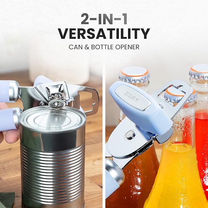 Zulay Kitchen Heavy Duty Stainless Steel Can Opener Manual with Bottle Opener - Rust Proof Manual Can Opener With Turn Knob & Comfy Soft Grip Handles - Light Blue