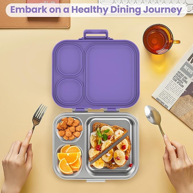 Pawtong Stainless Steel Bento Lunch Box for Kids | 3-Compartment Lunch Box Container Kids | 100% Leakproof, Eco-Friendly, Perfect Portion Control for Kids&Adult Healthy Meals (Purple)