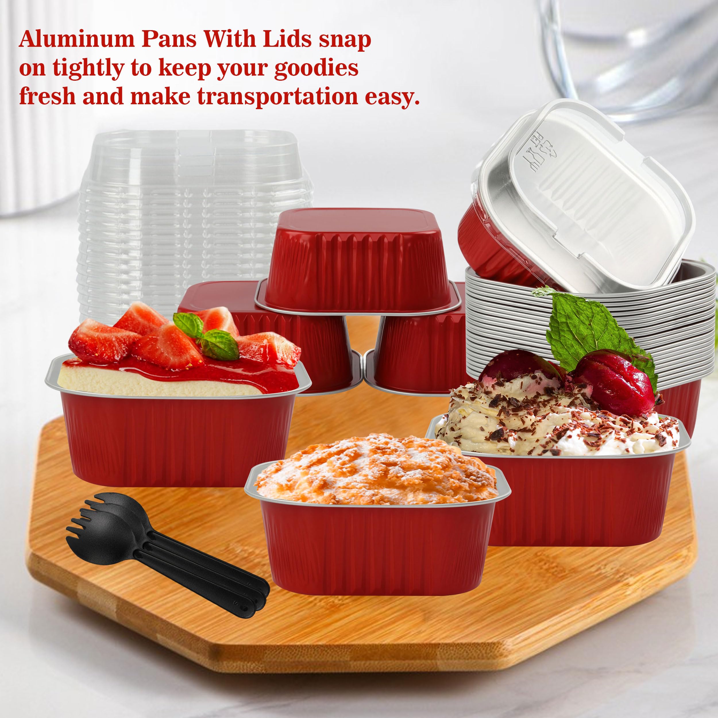 BAKINGPAK Baking Cups With Lids, 30PCS 10oz Square Mini Cake Pans With Lids Disposable Cupcake Containers Individual Cake Pans with Lids Mini Aluminum Pans with Lids for Christmas Party Birthday, Red