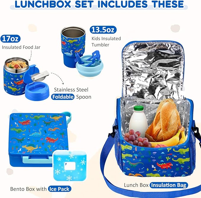 Pawtong Lunch Box Set with Bento Box Container, 17OZ Stainless Steel Food Soup Thermo, Kids Water Bottle & Portable Insulated Lunch Bag, Leakproof, Hot/Cold Retention for School, Travel (Dinasour)