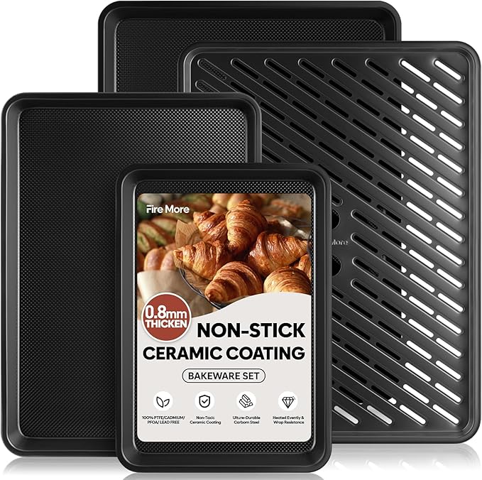 Nonstick Baking Sheet Set with Cooling Rack, 4-Piece Cookie Sheets for Baking, 0.8mm Heavy Duty Carbon Steel Oven Pans, Ceramic Coated Half Sheet, Jelly Roll Pan & Quarter Sheet, PFOA/PTFE Free