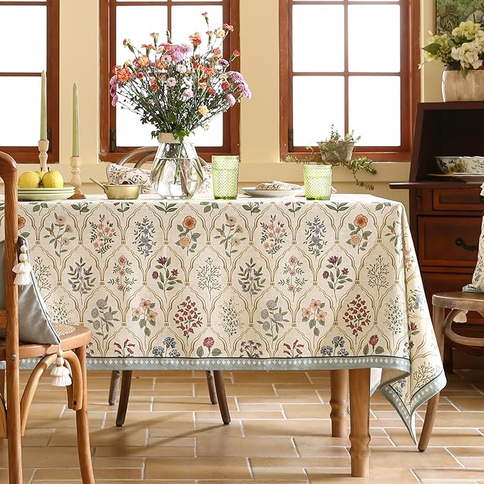 ISAENNE Designer Vintage Linen Rectangular Tablecloth,87"x55"-Serenity B