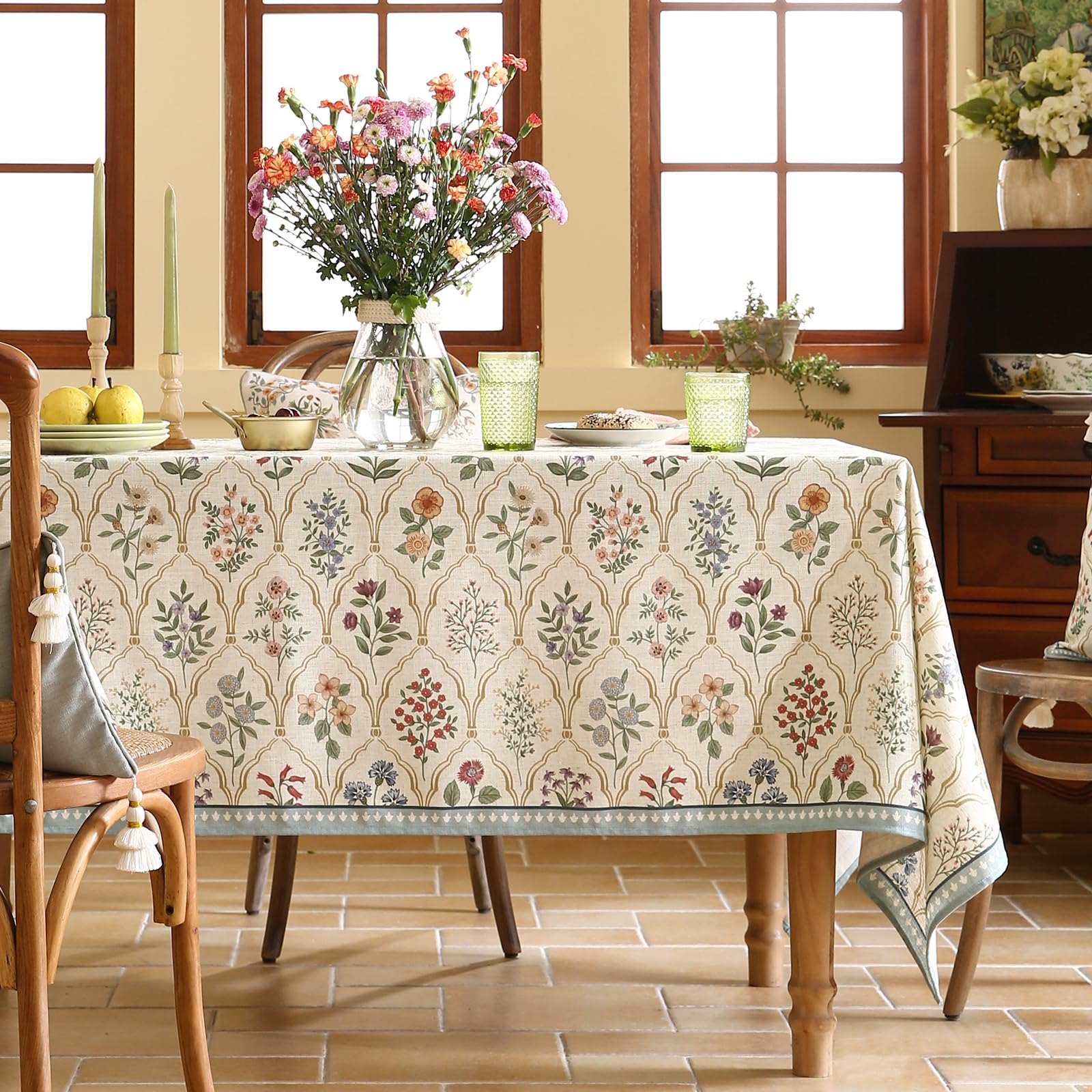 ISAENNE Designer Vintage Linen Rectangular Tablecloth,110"x63"-Serenity B