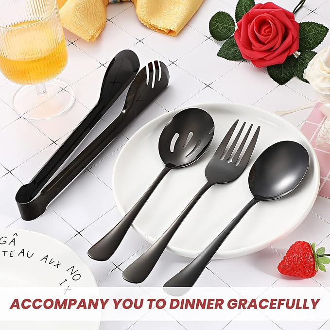 Patelai 8 Pcs Black Stainless Steel Serving Utensils Set 8.7" Large Spoons and Slotted Spoon 9.45" Tong 9" Forks Flatware Wedding Party Restaurant Cooking Kitchen Holiday Buffet Banquet Catering Hotel