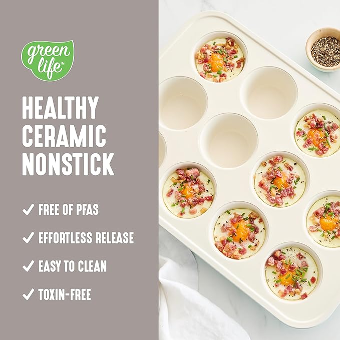 GreenLife 12 Cup Ceramic Nonstick Muffin Pan, Taupe