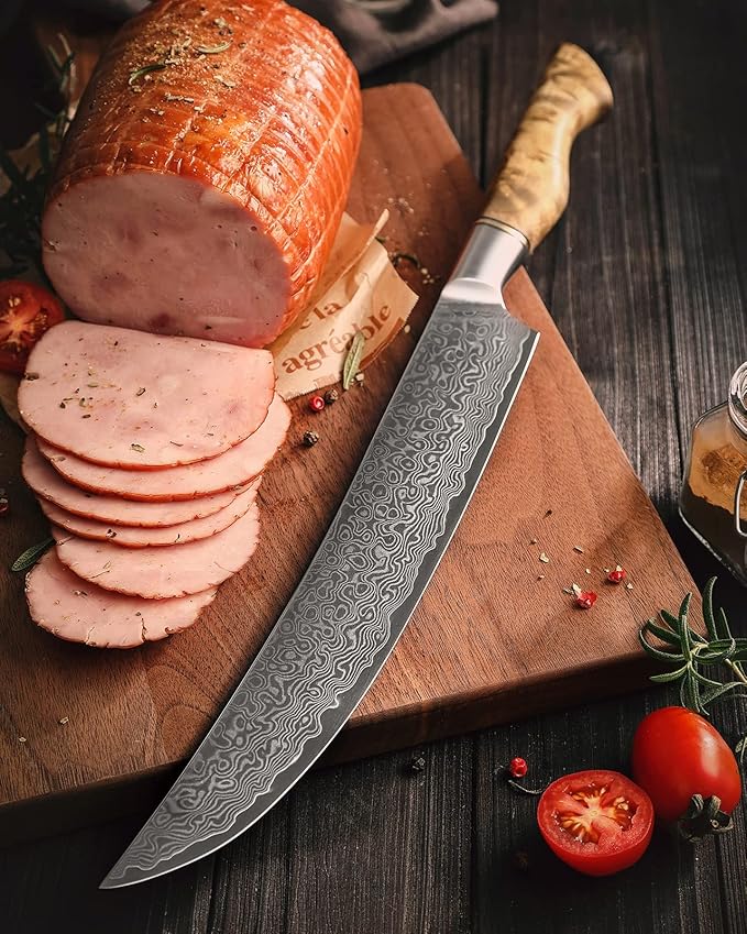HEZHEN 10-Inch Slicing Knife with Granton Edge –67 Layers Damascus Steel, Professional Carving Knife for Brisket, Roast & BBQ, Figured Sycamore Handle