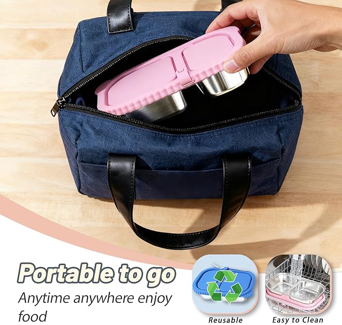 2 Pack Stainless Steel Snack Containers for Kids & Adults - Reusable 2 Compartment Snack Containers with Leakproof Silicone Lids, Divided Meal Prep Lunch Box Food Container for School, Office, Travel