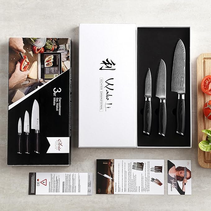 Wakoli Mikata Santoku Knife Set, 3-Piece VG10 Damascus, Micarta Handles