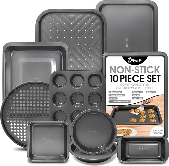 PERLLI Non-Stick 10-Piece Bakeware Set – Carbon Steel with Even Heat Distribution, Oven Safe to 446°F, BPA-Free, Dishwasher Safe, Stackable Baking Tools for Easy Storage and Everyday Cooking - Gray